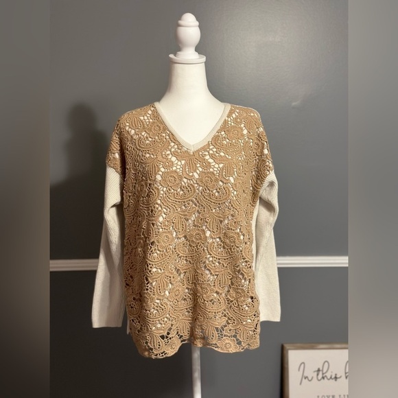 Chico's Women's Christina Lace Front V-Neck Sweater Size Large Petite Neutral - Picture 2 of 8